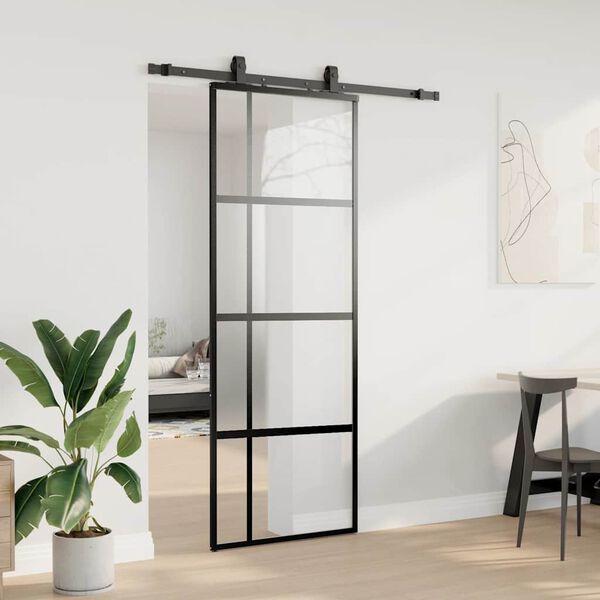 vidaXL skydedør med hardwaresæt 76x205 cm hærdet glas sort