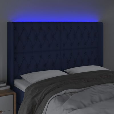 vidaXL sengegavl med LED-lys 163x16x118/128 cm stof blå