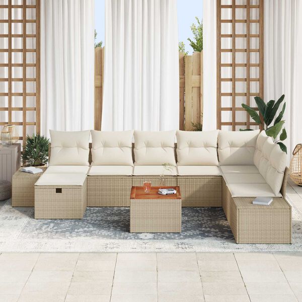 vidaXL Havesofa S&aelig;t med pude med opbevaring 9 pcs Beige Poly rattan