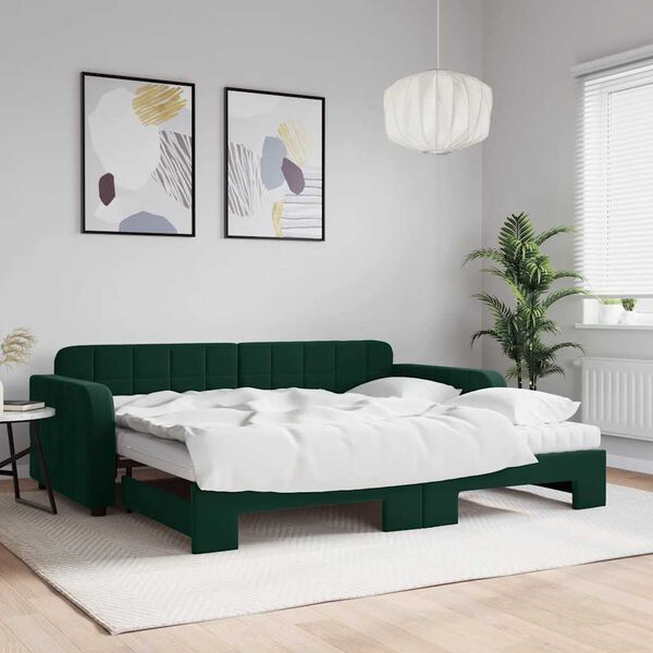 vidaXL daybed med udtr&aelig;k og madras 90x200 cm velour m&oslash;rkegr&oslash;n