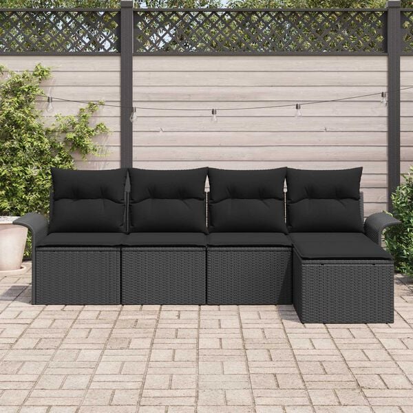 vidaXL Havesofa Sæt med pude med opbevaring 5 pcs Sort polyrattan