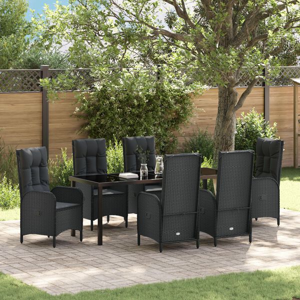 vidaXL Have Spisebordss&aelig;t med pude 7 pcs Sort polyrattan