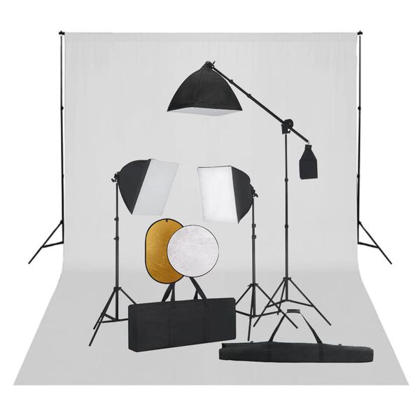 vidaXL fotostudieudstyr med softbox-lamper, baggrund og reflektor