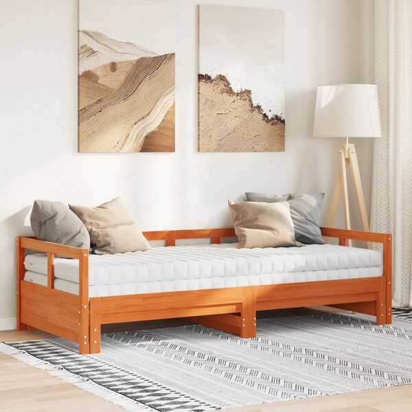 vidaXL daybed m. udtr&aelig;k madrasser 90x200cm massivt fyrretr&aelig; gyldenbrun