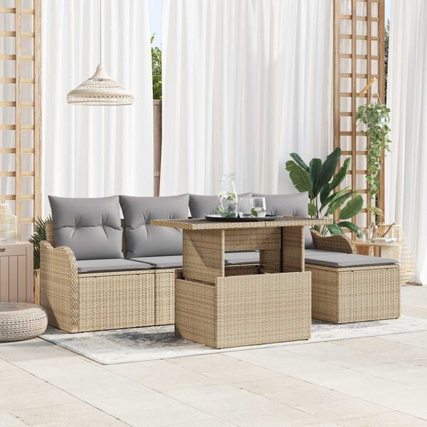 vidaXL Havesofa S&aelig;t med pude 6 pcs Beige Poly Rattan