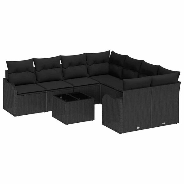 vidaXL Havesofa S&aelig;t med pude 9 pcs Sort Poly Rattan og St&aring;l og Glas