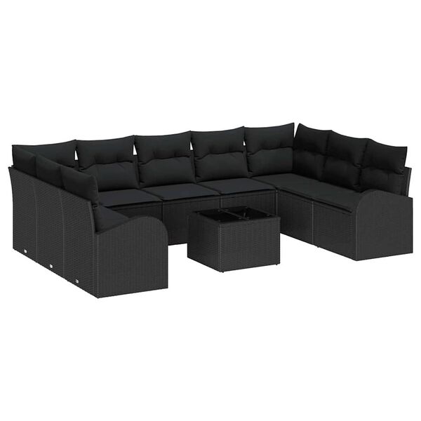 vidaXL Sofa S&aelig;t med pude 10 pcs Sort Poly Rattan