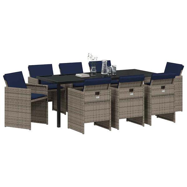vidaXL Have Spisebordss&aelig;t med pude 9 pcs Gr&aring; polyrattan