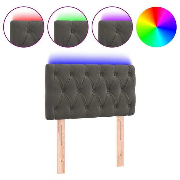 vidaXL sengegavl med LED-lys 80x7x78/88 cm velour m&oslash;rkegr&aring;