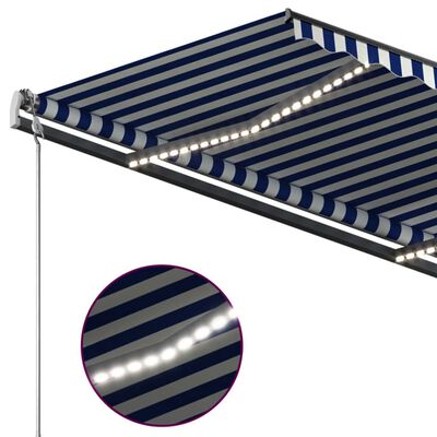 vidaXL markise m. LED-lys 4x3 m manuel betjening blå og hvid