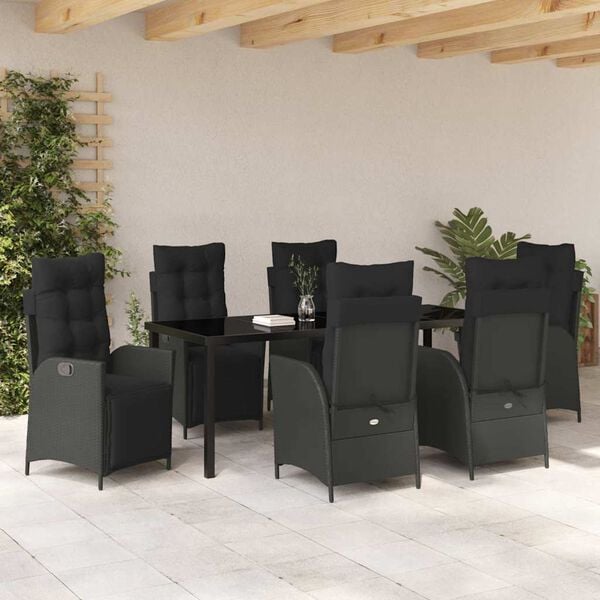 vidaXL Have Spisebordss&aelig;t med pude 7 pcs Sort polyrattan