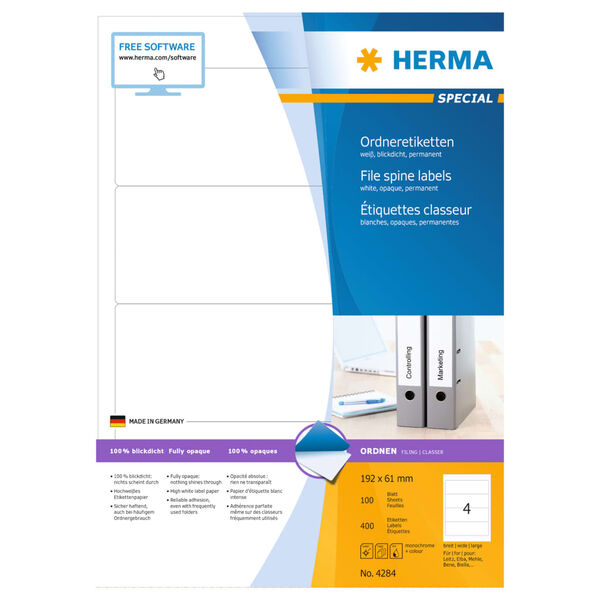 HERMA permanente rygetiketter A4 192x61 mm 100 ark uigennemsigtig hvid