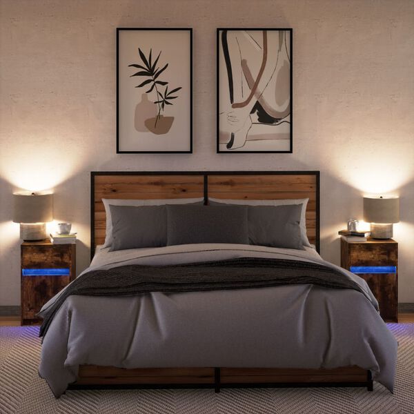 vidaXL sengeborde 2 stk. med LED-lys konstrueret træ røget egetræ