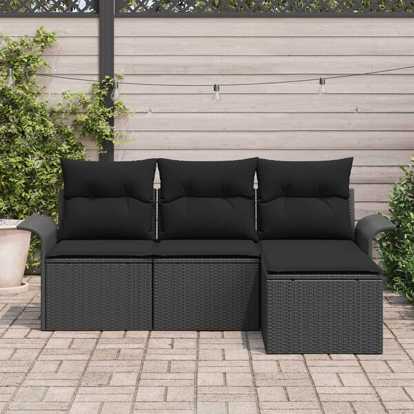 vidaXL Havesofa Sæt med pude med opbevaring 4 pcs Sort Poly rattan