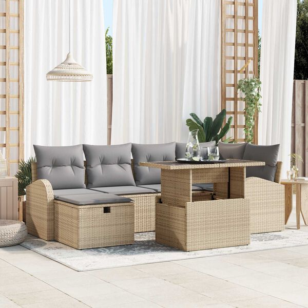 vidaXL Havesofa S&aelig;t med pude med opbevaring 7 pcs Beige Poly rattan