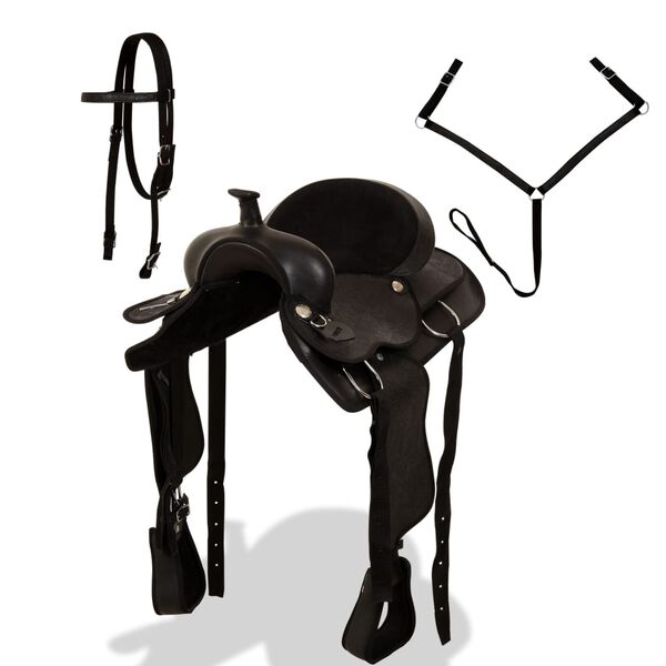 vidaXL westernsadel hovedt&oslash;j og brystkrave &aelig;gte l&aelig;der 15" sort