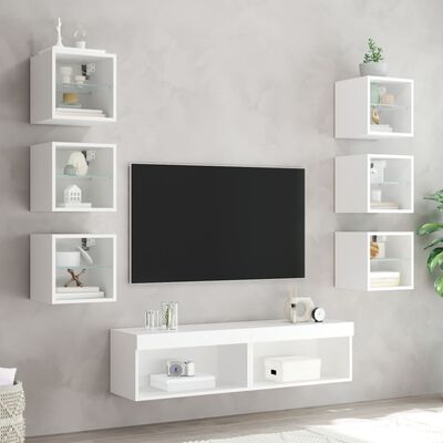 vidaXL tv-møbel til væg 8 dele med LED-lys konstrueret træ hvid