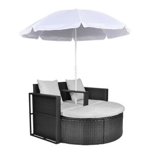 vidaXL haveseng med parasol polyrattan sort