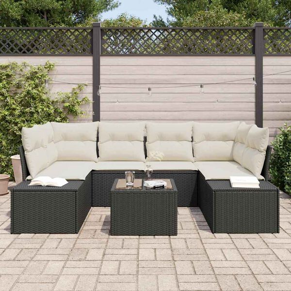 vidaXL Havesofa Sæt med pude 7 pcs Sort polyrattan