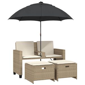 vidaXL 2-personers havesofa med parasol og skamler polyrattan beige