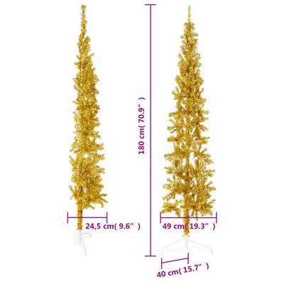 vidaXL kunstigt halvt juletræ med juletræsfod 180 cm smalt guldfarvet