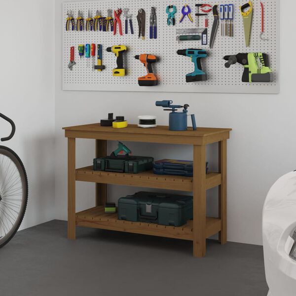 vidaXL arbejdsbord 110,5x50x80 cm massivt fyrretr&aelig; gyldenbrun