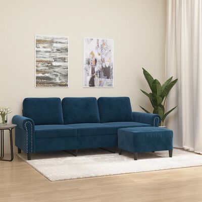 vidaXL 3-personers sofa med fodskammel 180 cm velour blå