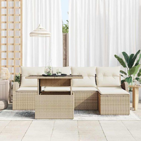 vidaXL Havesofa S&aelig;t med pude 6 pcs Beige polyrattan
