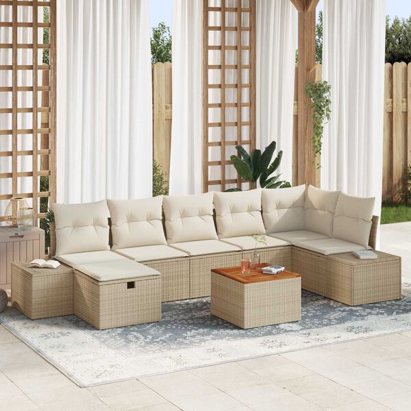 vidaXL Havesofa S&aelig;t med pude med opbevaring 8 pcs Beige polyrattan