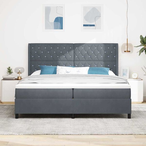 vidaXL Box spring seng med madras med LED M&oslash;rkegr&aring; 200 x 200 cm Fl&oslash;jl
