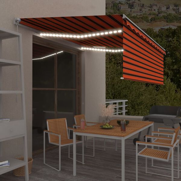 vidaXL markise m. gardin + LED 4,5x3 m manuel betjening orange og brun