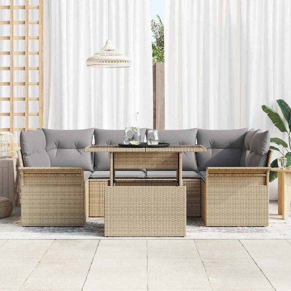 vidaXL Havesofa S&aelig;t med pude med opbevaring 7 pcs Beige Poly rattan