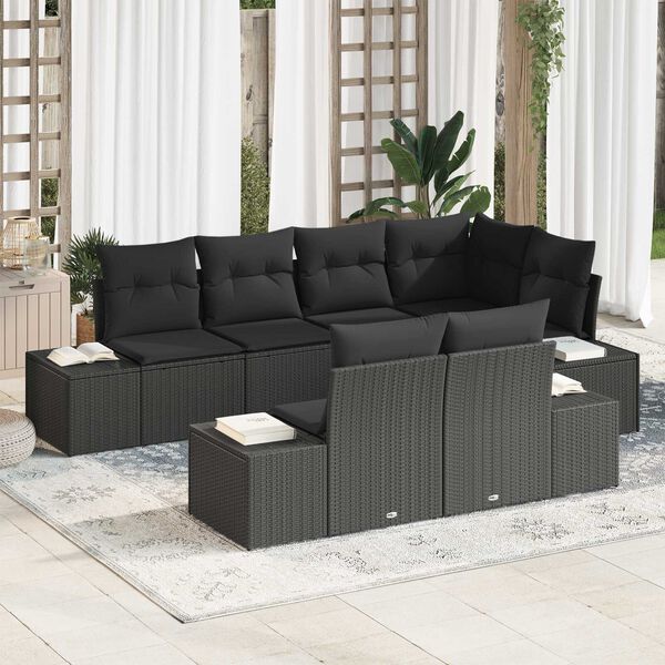 vidaXL Havesofa S&aelig;t med pude 7 pcs Sort polyrattan