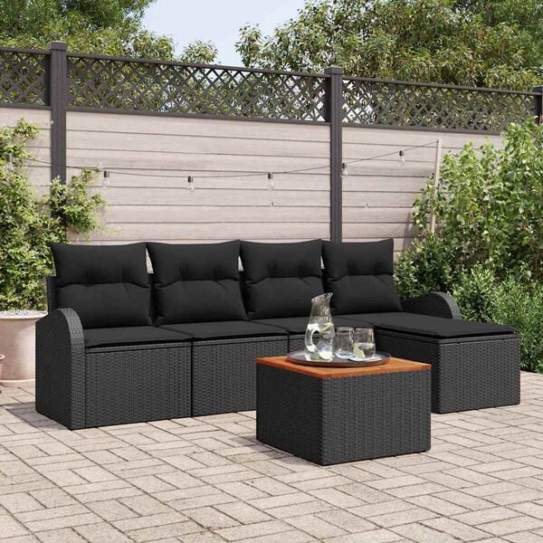 vidaXL Havesofa Sæt med pude 6 pcs Sort polyrattan
