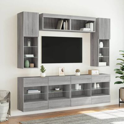 vidaXL tv-møbel til væg 6 dele med LED-lys grå sonoma-eg