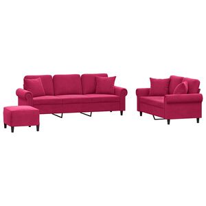vidaXL sofas&aelig;t 3 dele med puder velour vinr&oslash;d