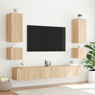 vidaXL tv-møbel til væg 6 dele med LED-lys sonoma-eg