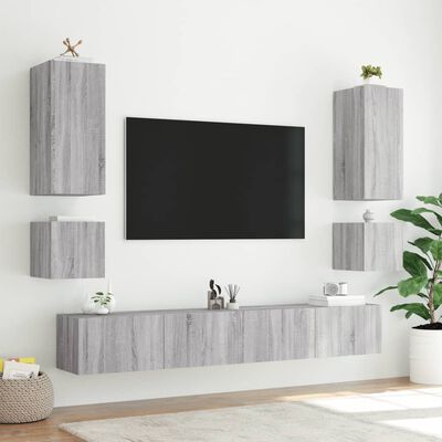 vidaXL tv-møbel til væg 6 dele LED-lys grå sonoma-eg
