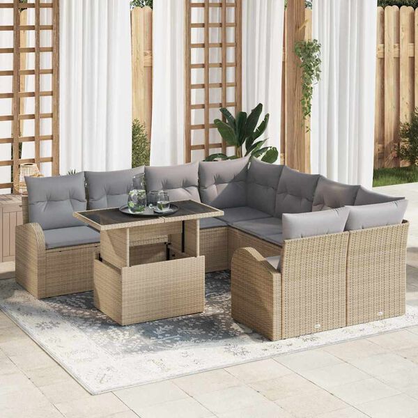 vidaXL Havesofa S&aelig;t med pude med opbevaring 9 pcs Beige Poly Rattan