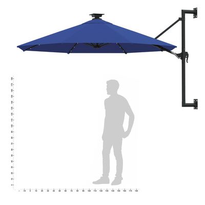 vidaXL væghængt parasol med LED og metalstang 300 cm blå