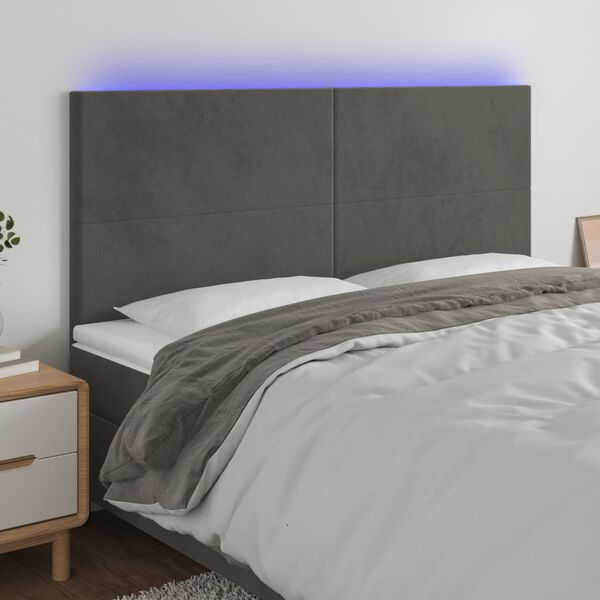vidaXL sengegavl med LED-lys 160x5x118/128 cm fløjl mørkegrå