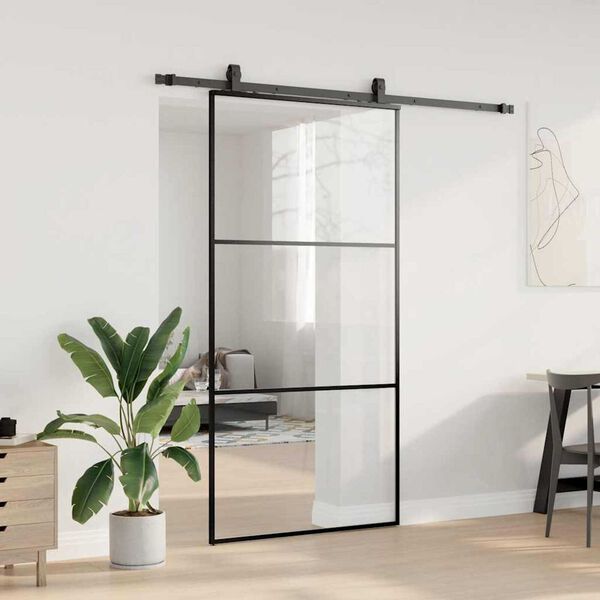 vidaXL skydedør med hardwaresæt 102x205 cm ESG glas sort