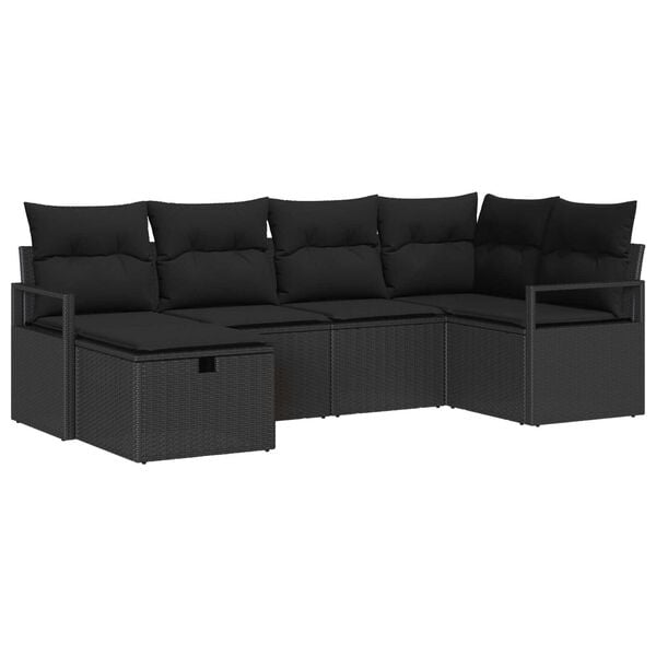 vidaXL Havesofa S&aelig;t med pude med opbevaring 6 pcs Sort polyrattan