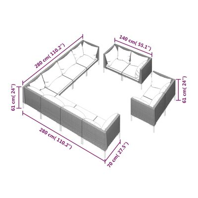 vidaXL loungesæt til haven 11 dele med hynder polyrattan mørkegrå