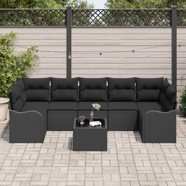 vidaXL Havesofa S&aelig;t med pude 8 pcs Sort Polyrattan og st&aring;l og glas