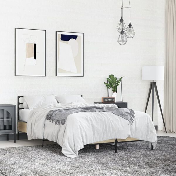vidaXL sengestel 135x190 cm konstrueret tr&aelig; og metal sonoma-eg