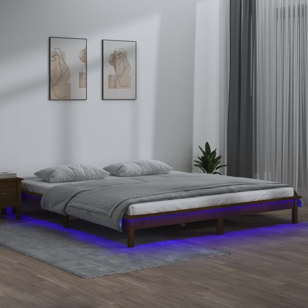 vidaXL sengeramme med LED-lys 200x200 cm massivt tr&aelig; gyldenbrun