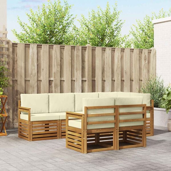 vidaXL Sektionalsofa s&aelig;t 7 pcs Naturlig og Fl&oslash;de Massivt Akacietr&aelig;