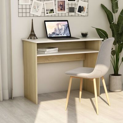 vidaXL skrivebord 90x50x74 cm konstrueret træ hvid og sonoma-eg
