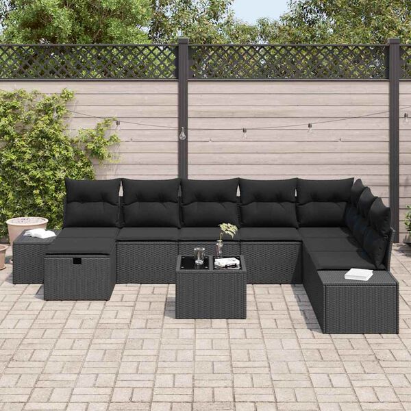 vidaXL Havesofa S&aelig;t med pude 9 pcs Sort Poly rattan